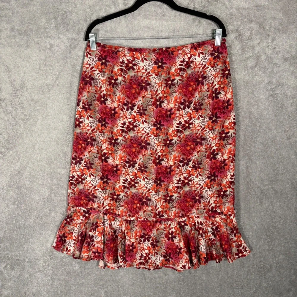 Vintage Christopher & Banks Midi Skirt Women Size 12 Red Floral Ruffle Hem Fairy